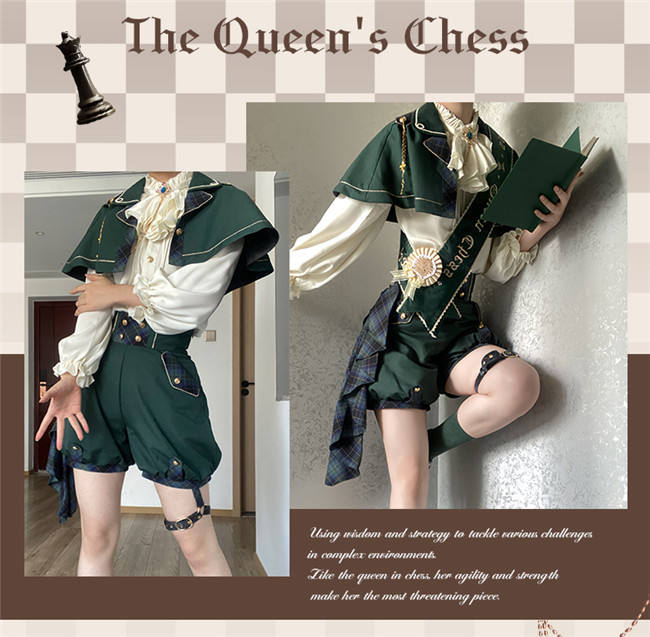 Queen's Game Ouji Lolita Blouse, Cape, Short Pants Red Green Blue