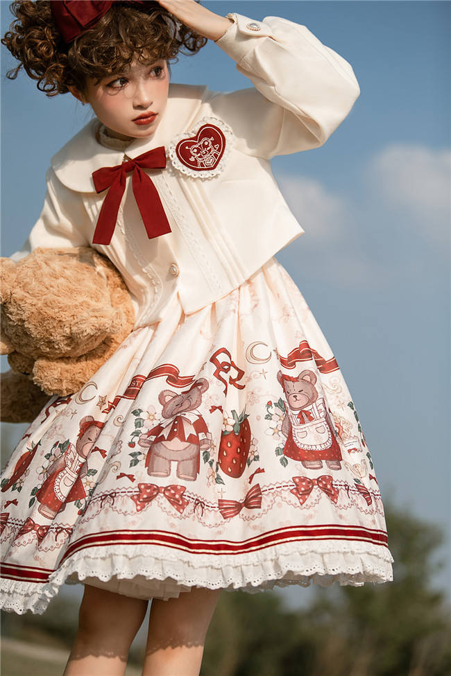 Bear and Strawberry Print Lolita Jumper Dress and Coat