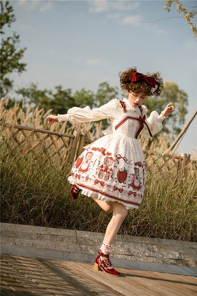 Bear and Strawberry Print Lolita Jumper Dress and Coat