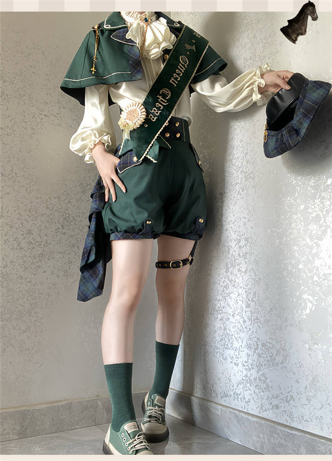 Queen's Game Ouji Lolita Blouse, Cape, Short Pants Red Green Blue