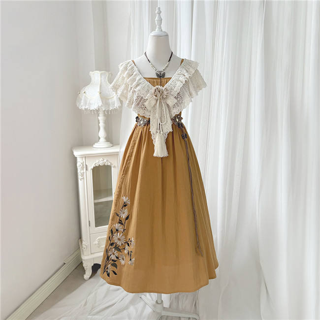 Daisy Embroidery Han Style Jumper Dress and Lace Tippet