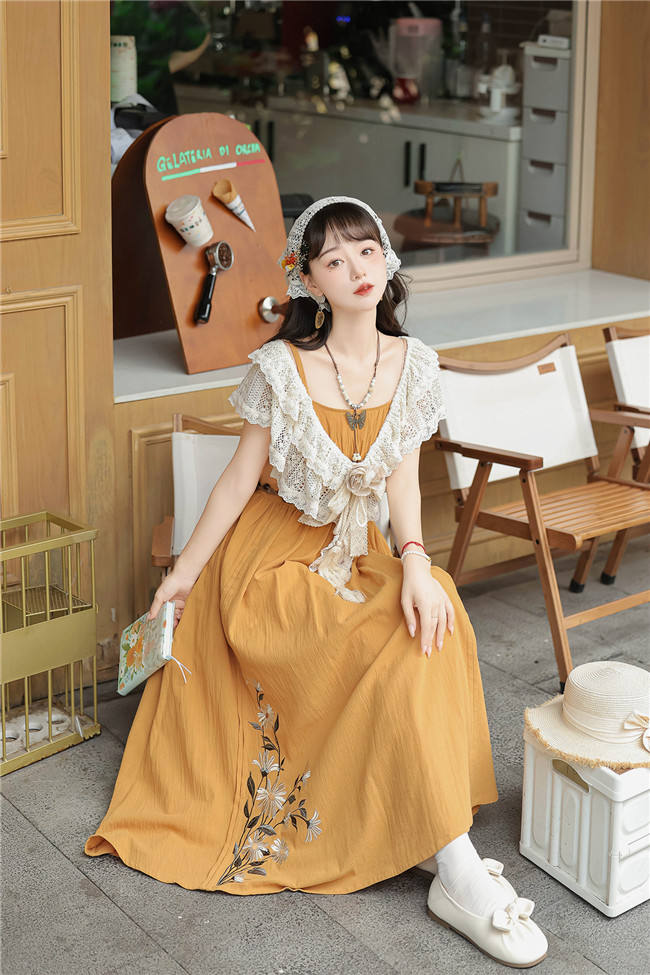 Daisy Embroidery Han Style Jumper Dress and Lace Tippet