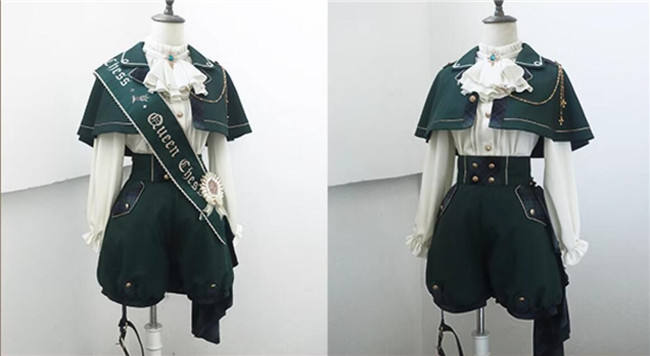 Queen's Game Ouji Lolita Blouse, Cape, Short Pants Red Green Blue