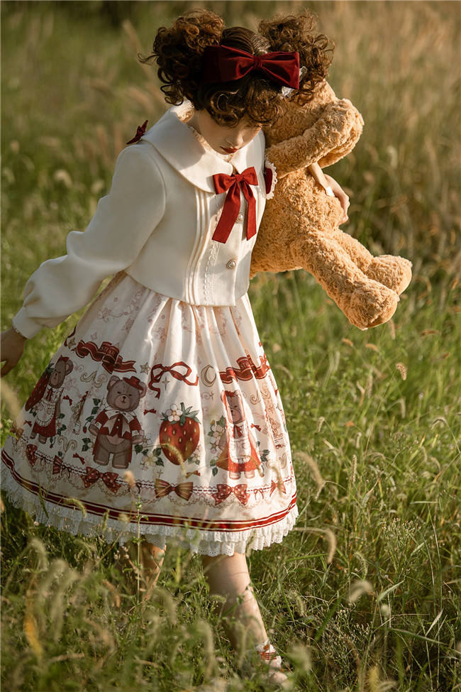 Bear and Strawberry Print Lolita Jumper Dress and Coat