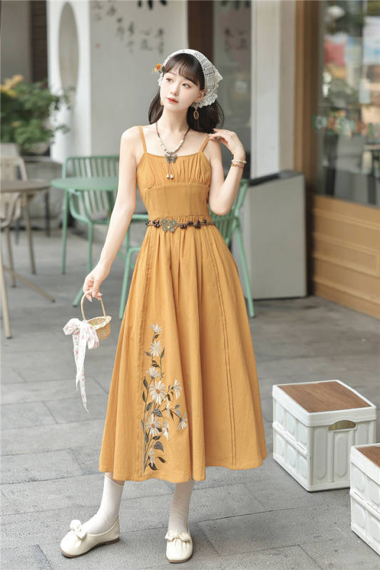 Daisy Embroidery Han Style Jumper Dress and Lace Tippet