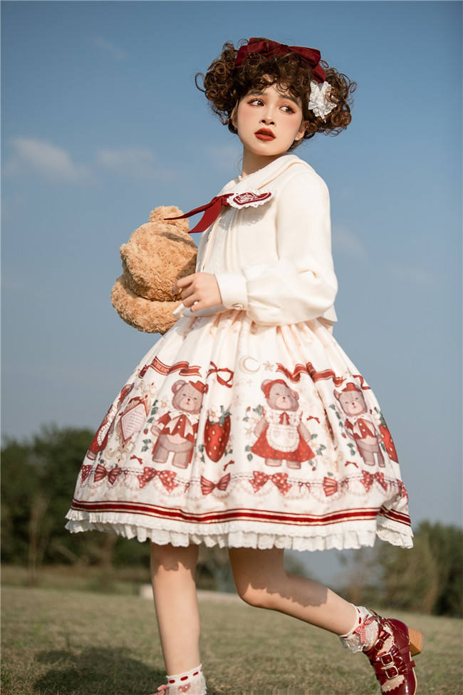 Bear and Strawberry Print Lolita Jumper Dress and Coat
