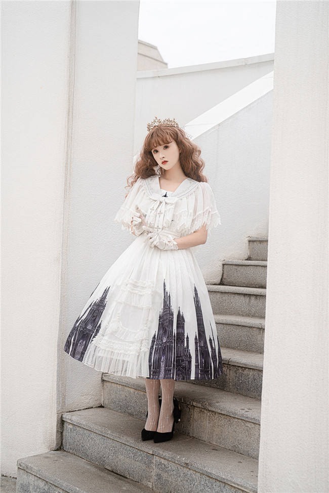 Church and Cross Print Lolita Jumper Dress and Cape