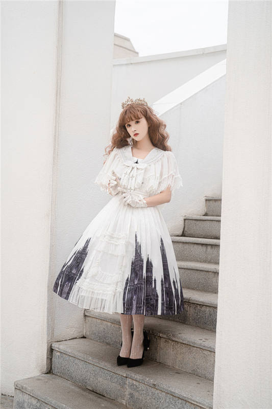 Church and Cross Print Lolita Jumper Dress and Cape