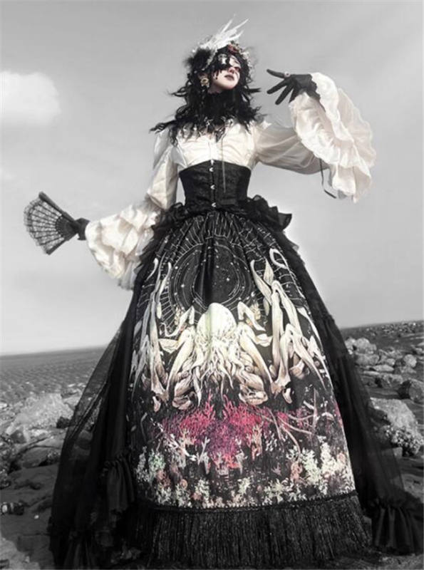 Antiqua Deus Regeneration Dark Black Gothic Lolita Skirt, Blouse, Corset and Train