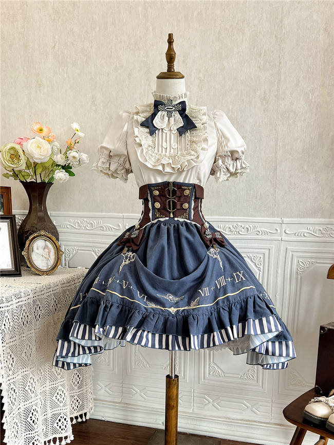 Blue Steam Punk Lolita Skirt, Blouse and Corset