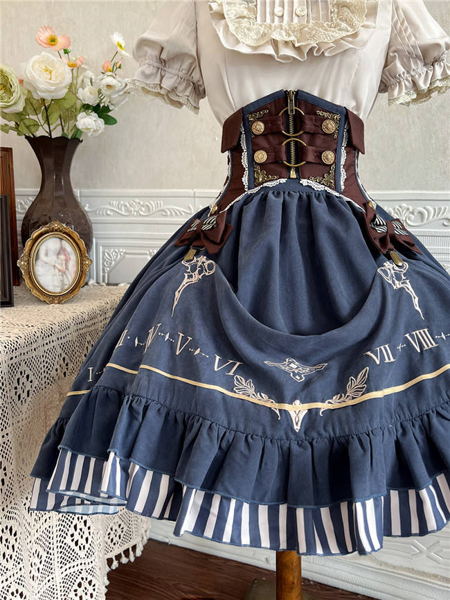 Blue Steam Punk Lolita Skirt, Blouse and Corset