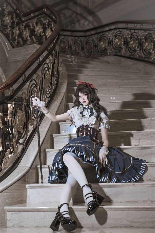 Blue Steam Punk Lolita Skirt, Blouse and Corset