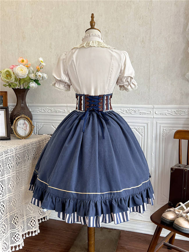 Blue Steam Punk Lolita Skirt, Blouse and Corset