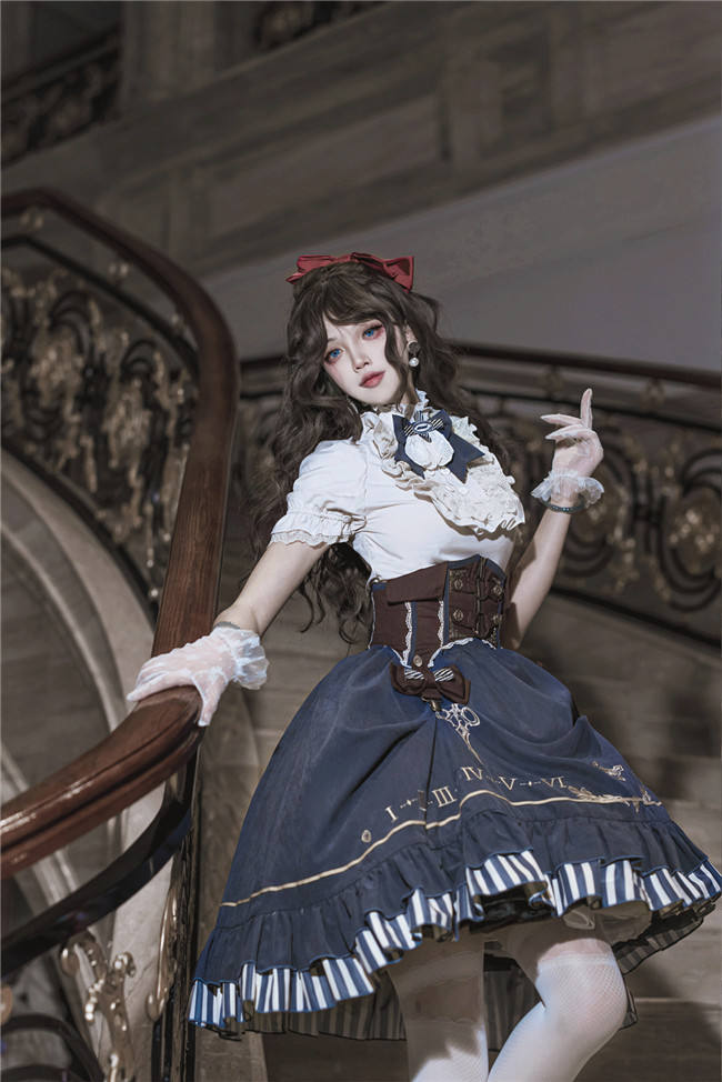Blue Steam Punk Lolita Skirt, Blouse and Corset