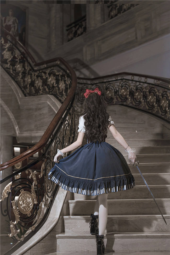 Blue Steam Punk Lolita Skirt, Blouse and Corset