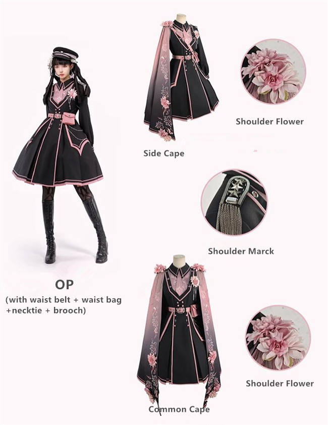 Pink Sakura Military Lolita Dress and Cape