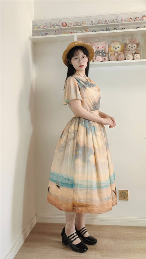 Miss Point Greek Inspired Heap Collar Print Dress
