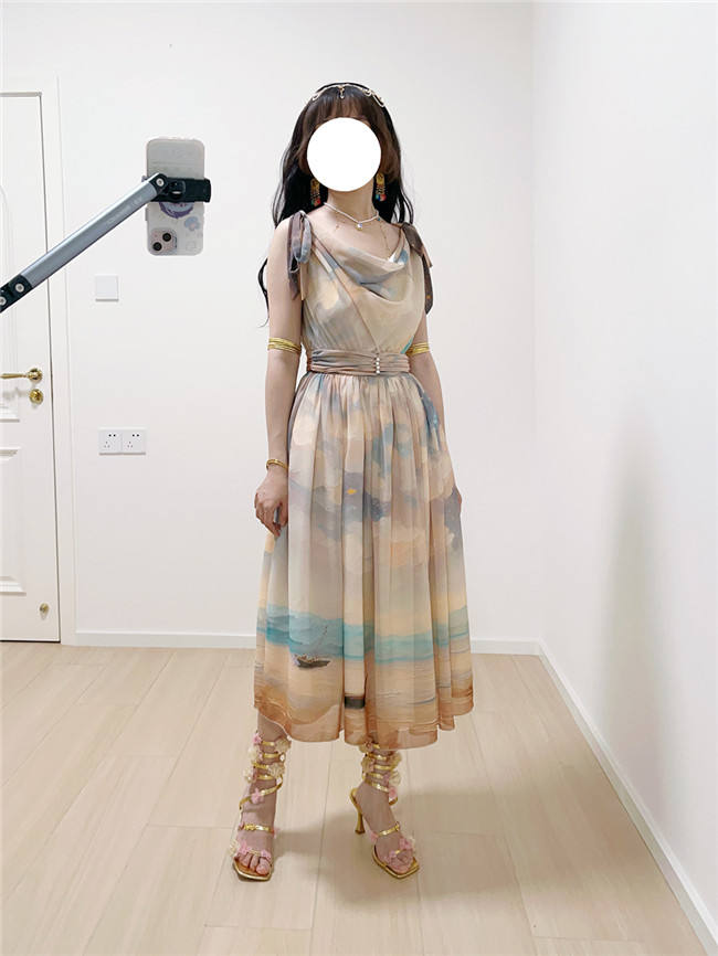 Miss Point Greek Inspired Heap Collar Print Dress