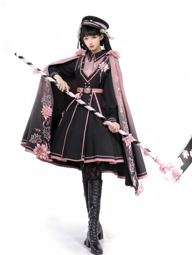 Pink Sakura Military Lolita Dress and Cape