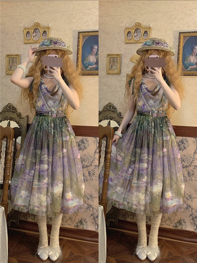 Miss Point Greek Inspired Heap Collar Print Dress