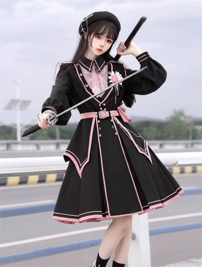 Pink Sakura Military Lolita Dress and Cape