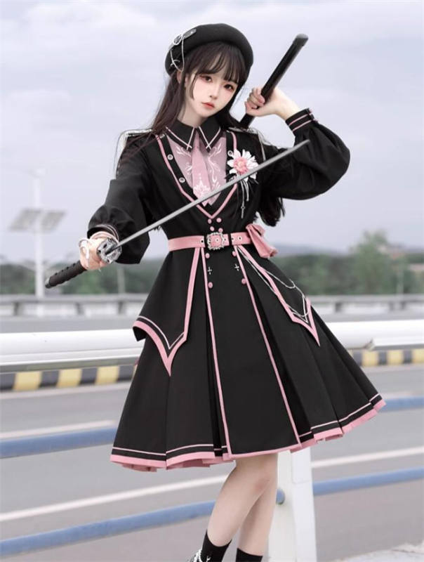 Pink Sakura Military Lolita Dress and Cape