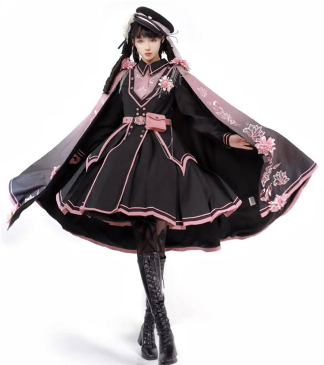 Pink Sakura Military Lolita Dress and Cape