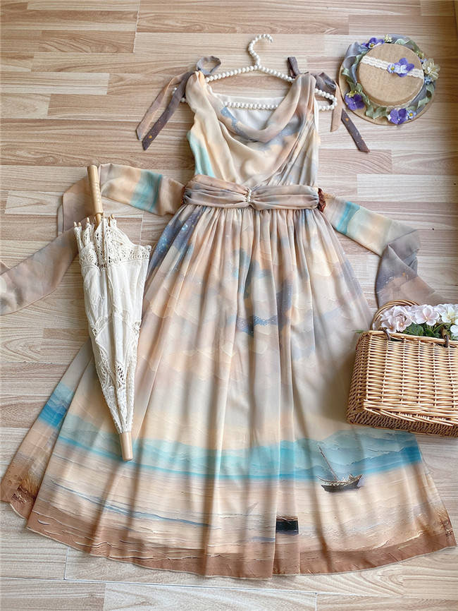 Miss Point Greek Inspired Heap Collar Print Dress