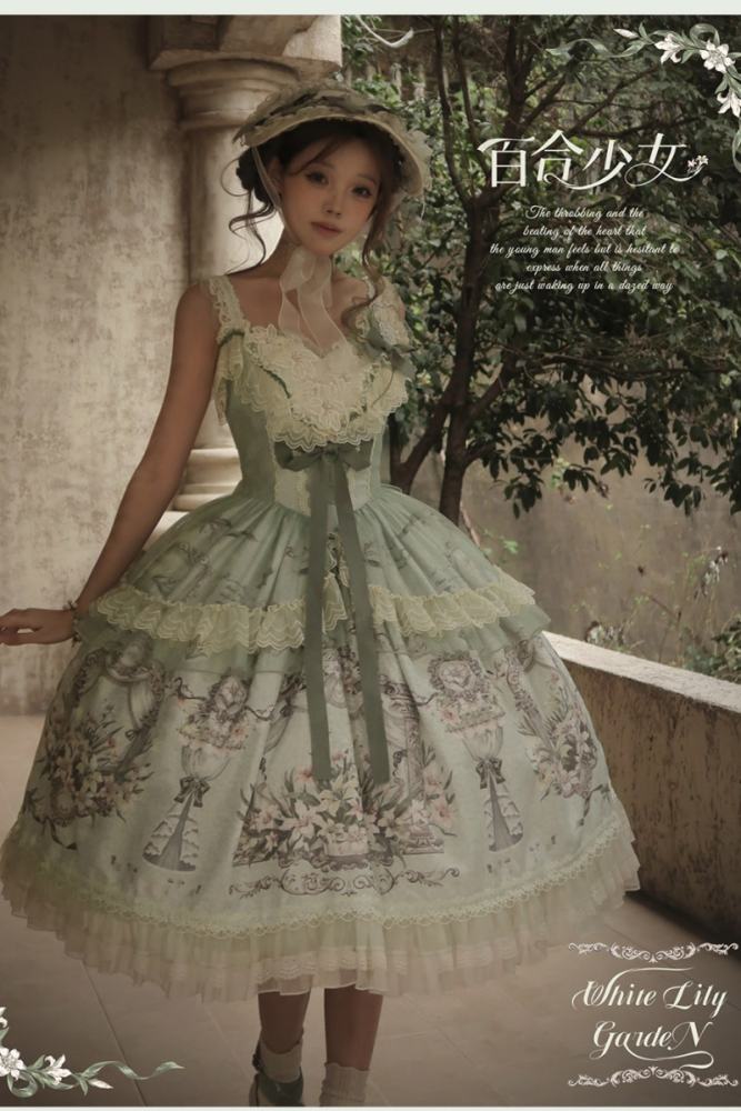 Urtto ~White Lily Garden~ Prints Lolita JSK and Bonnet