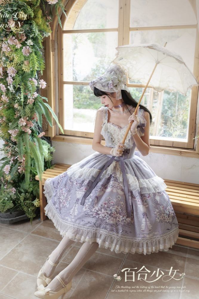 Urtto ~White Lily Garden~ Prints Lolita JSK and Bonnet