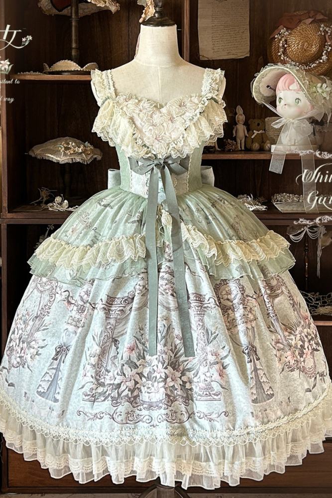 Urtto ~White Lily Garden~ Prints Lolita JSK and Bonnet