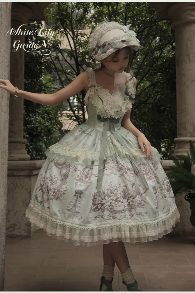 Urtto ~White Lily Garden~ Prints Lolita JSK and Bonnet