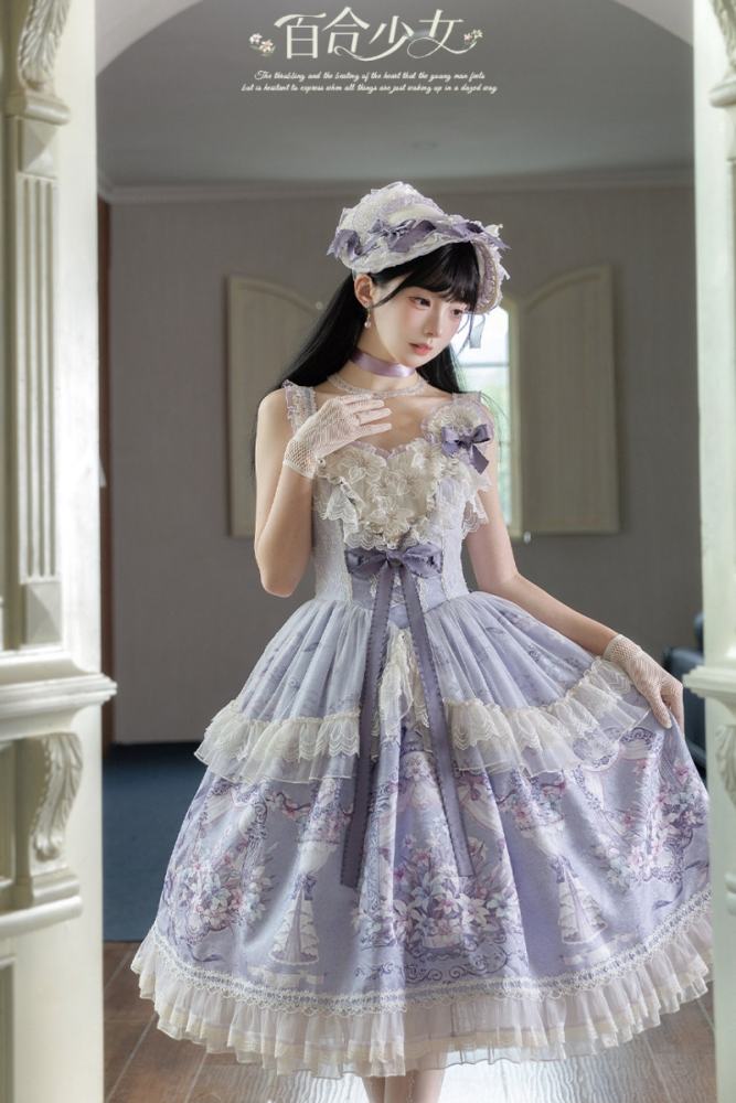 Urtto ~White Lily Garden~ Prints Lolita JSK and Bonnet