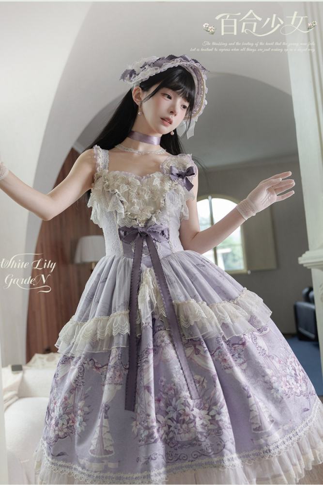 Urtto ~White Lily Garden~ Prints Lolita JSK and Bonnet