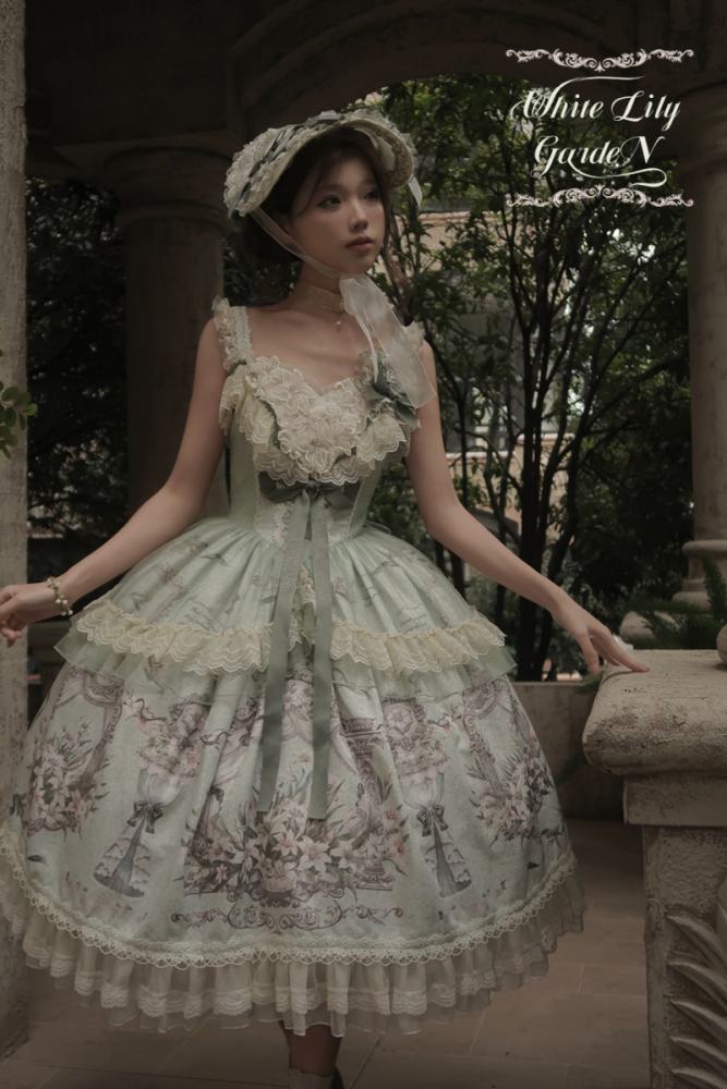 Urtto ~White Lily Garden~ Prints Lolita JSK and Bonnet