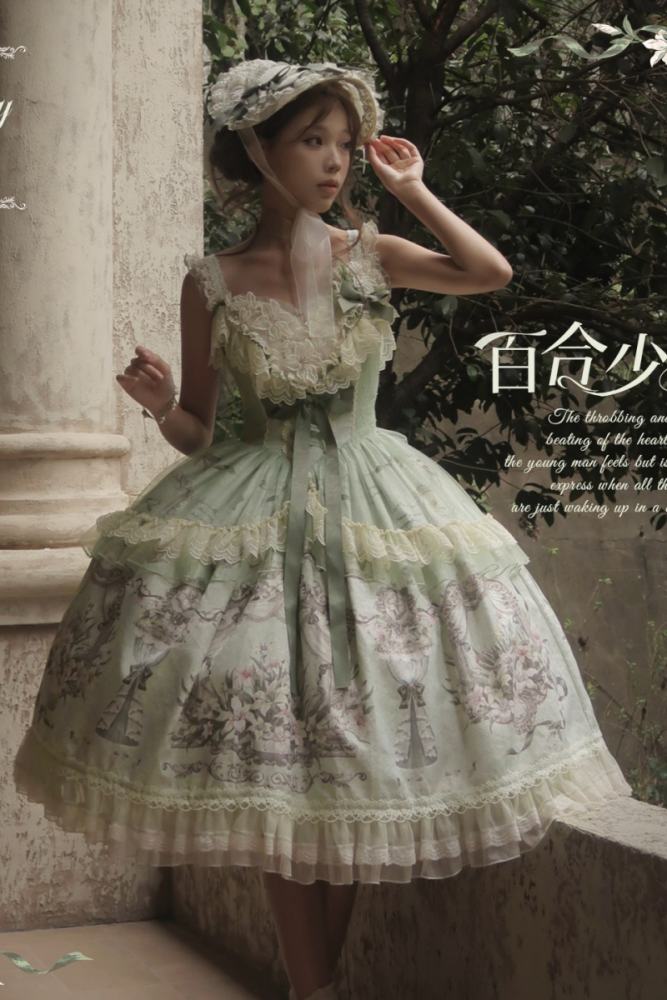 Urtto ~White Lily Garden~ Prints Lolita JSK and Bonnet