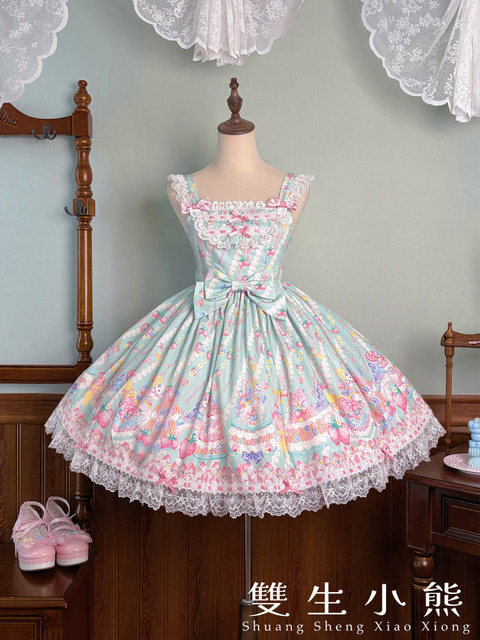 Alice Girl ~Strawberry Macaron~ Sweet Prints Lolita JSK OP and Salopette 4 Colors
