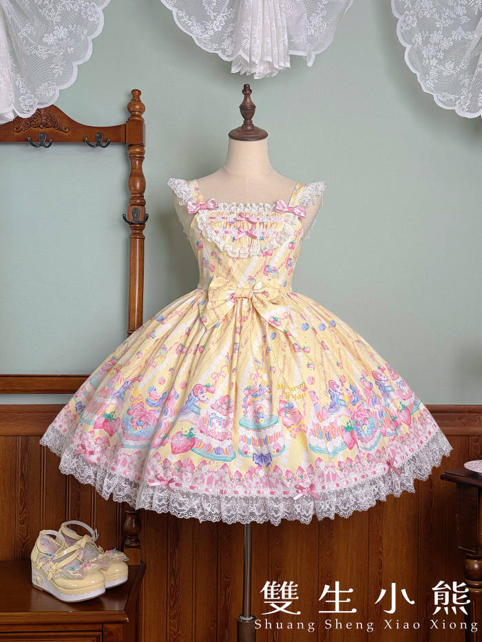 Alice Girl ~Strawberry Macaron~ Sweet Prints Lolita JSK OP and Salopette 4 Colors
