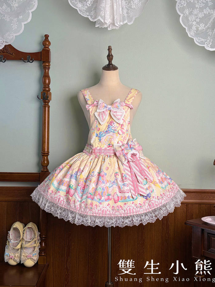 Alice Girl ~Strawberry Macaron~ Sweet Prints Lolita JSK OP and Salopette 4 Colors