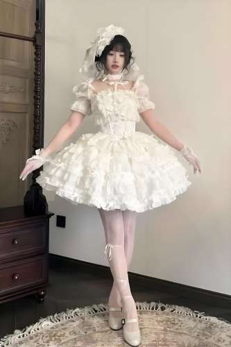 Gem and Rose Heavy Lace Ruffles Puffy Sleeves Top + Skirt 5 Colors