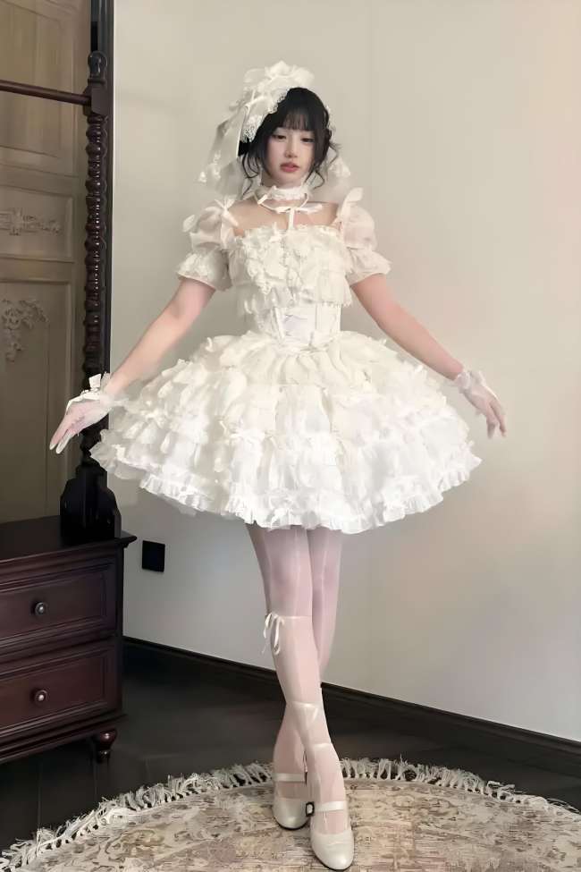 Gem and Rose Heavy Lace Ruffles Puffy Sleeves Top + Skirt 5 Colors