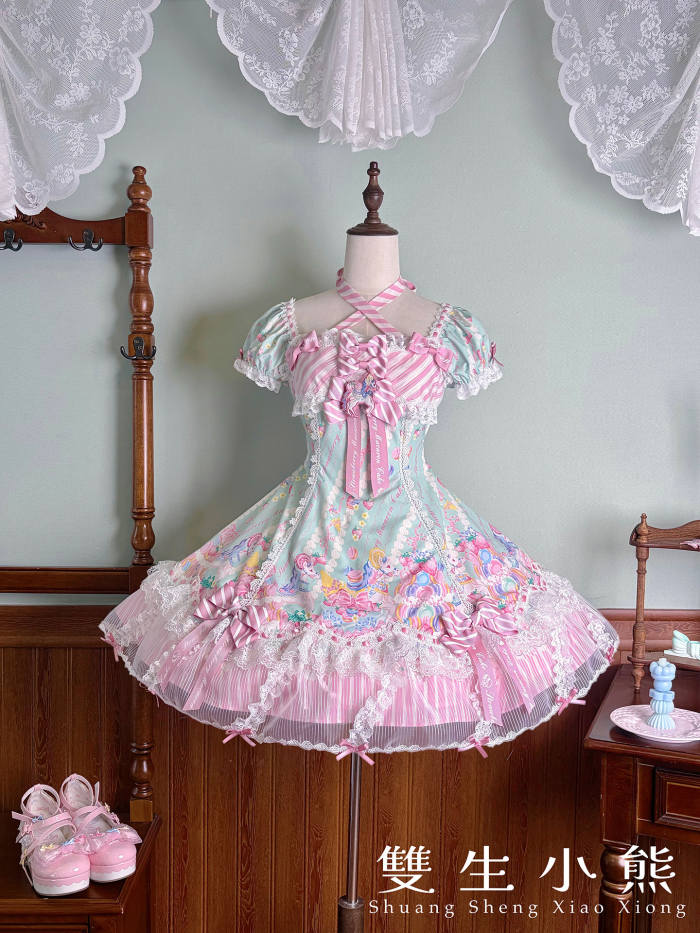 Alice Girl ~Strawberry Macaron~ Sweet Prints Lolita JSK OP and Salopette 4 Colors