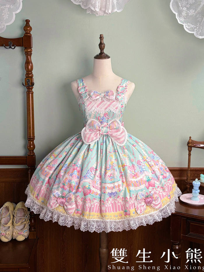 Alice Girl ~Strawberry Macaron~ Sweet Prints Lolita JSK OP and Salopette 4 Colors