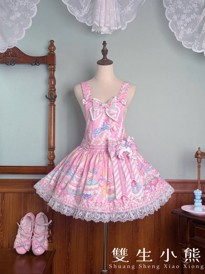 Alice Girl ~Strawberry Macaron~ Sweet Prints Lolita JSK OP and Salopette 4 Colors