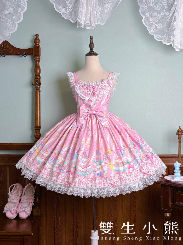 Alice Girl ~Strawberry Macaron~ Sweet Prints Lolita JSK OP and Salopette 4 Colors