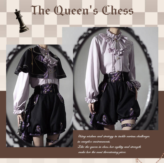 Queen's Game Ouji Lolita Blouse, Cape, Short Pants Pink Yellow Blue