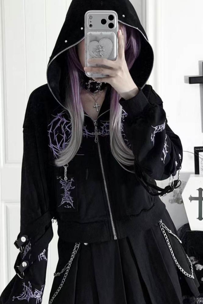 Tricuspid C Embroidered Jirai Kei Cotton Hooded Short Coat