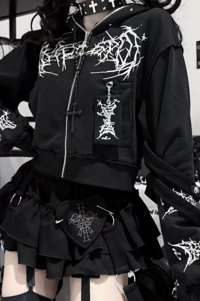 Tricuspid C Embroidered Jirai Kei Cotton Hooded Short Coat