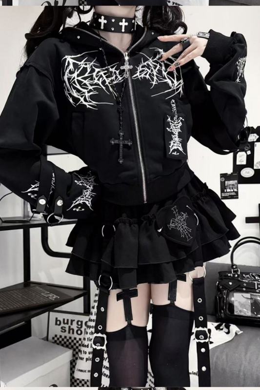 Tricuspid C Embroidered Jirai Kei Cotton Hooded Short Coat