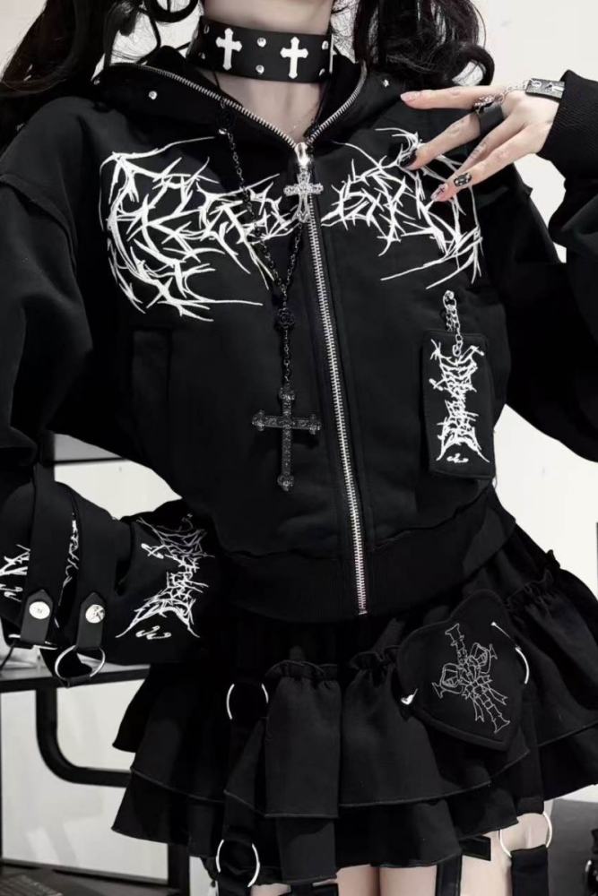Tricuspid C Embroidered Jirai Kei Cotton Hooded Short Coat